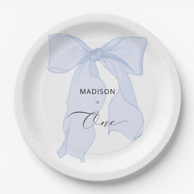 Blue Bow Coquette 1st Birthday Paper Plate (Front)
