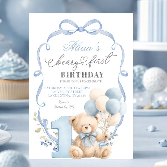 Blue Bow Coquette Beary First Birthday Invitation (Creator Uploaded)