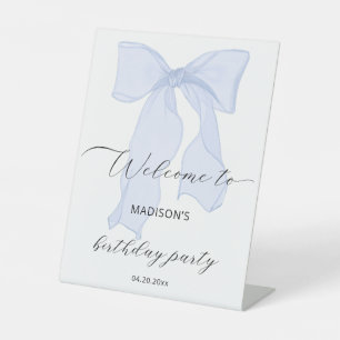 Blue Bow Coquette Birthday Party Welcome Pedestal Sign