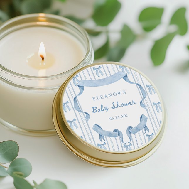 Blue Bow Coquette Blue Boy baby Shower Classic Round Sticker (Creator Uploaded)