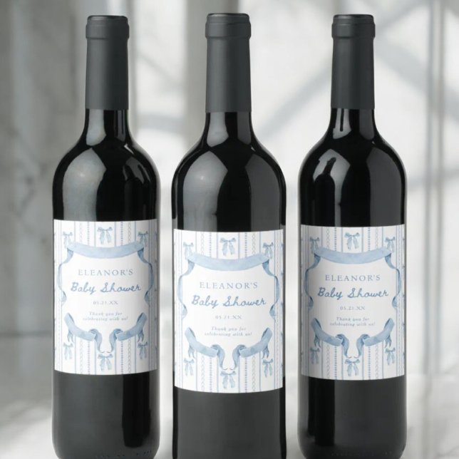 Blue Bow Coquette Blue Boy baby Shower Wine Label (Creator Uploaded)