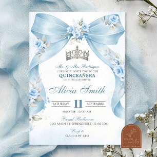 Blue Bow Coquette Crown Floral Quinceanera Invitat Invitation