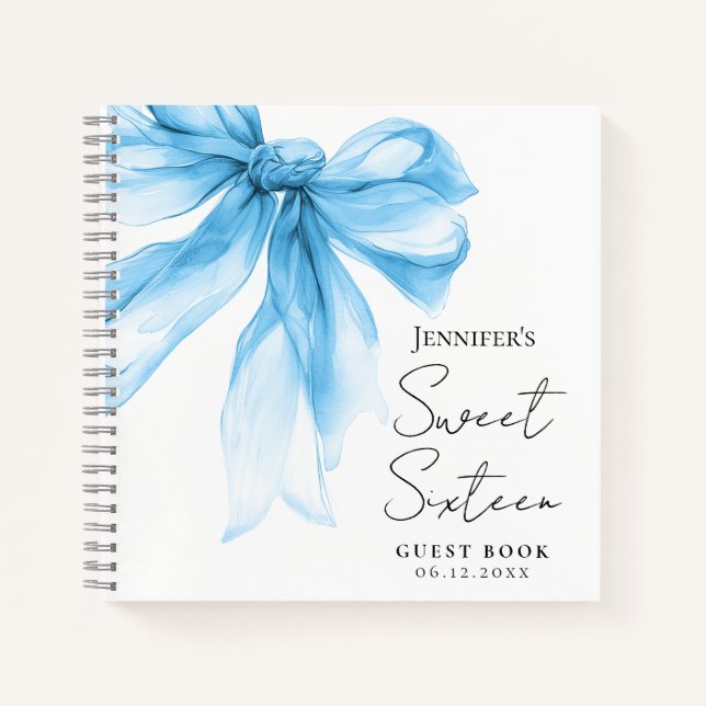 Blue Bow Coquette Script Sweet 16 Guest Book  (Front)