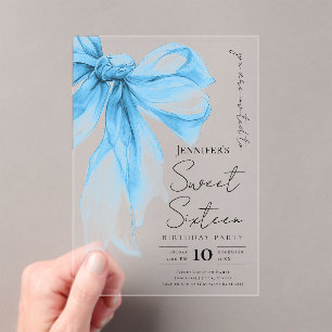 Blue Bow Coquette Script Sweet 16 Party Acrylic Invitations