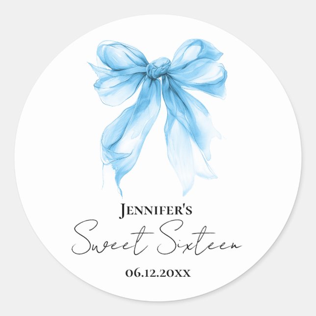 Blue Bow Coquette Script Sweet 16 Party  Classic Round Sticker (Front)