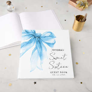 Blue Bow Coquette Script Sweet 16 Party Guest Book