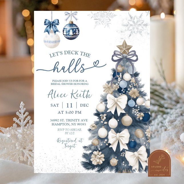 Blue Bow Coquette Winter Christmas Bridal Shower Invitation (Creator Uploaded)