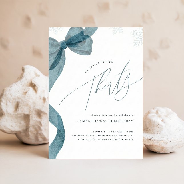 Blue Bow Coquette Winter Snowflake 30th Birthday Invitation (Creator Uploaded)