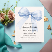 Blue bow cream beige birthday invitation