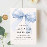 Blue bow cream beige elegant birthday invitation<br><div class="desc">A soft beige,  cream coloured background,  decorated with a large light blue bow. Personalise and add a name and party details.</div>