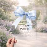Blue bow cream beige elegant Sweet 16 clear Acrylic Invitations<br><div class="desc">A clear,  transparent background,  decorated with a large light blue bow. Personalise and add a name and party details.</div>