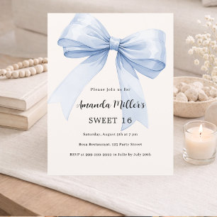 Blue bow cream beige elegant Sweet 16 invitation