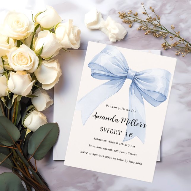 Blue bow cream beige elegant Sweet 16 Invitation (Creator Uploaded)