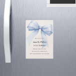 Blue bow cream beige luxury birthday magnetic invitation<br><div class="desc">A soft beige,  cream coloured background,  decorated with a large light blue bow. Personalise and add a name and party details.</div>