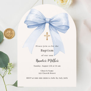 Blue bow cream boy Baptism arch Invitation