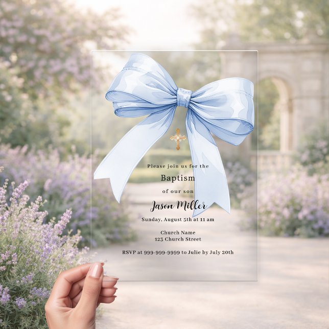 Blue bow cream boy Baptism clear Acrylic Invitations (Creator Uploaded)
