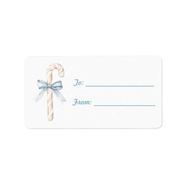 Blue Bow Cream Candy Cane Christmas Label (Front)