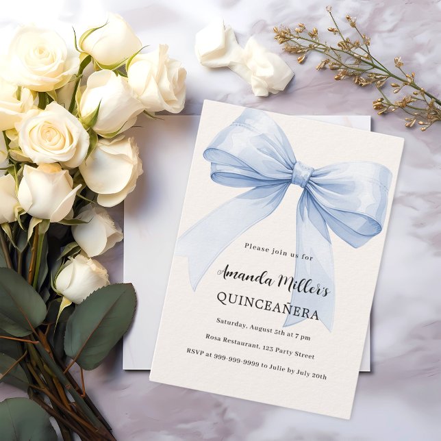 Blue bow cream elegant Quinceanera luxury Invitation (Creator Uploaded)