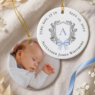 Blue Bow Crest Baby Monogram Birth Stats Photo Ceramic Tree Decoration