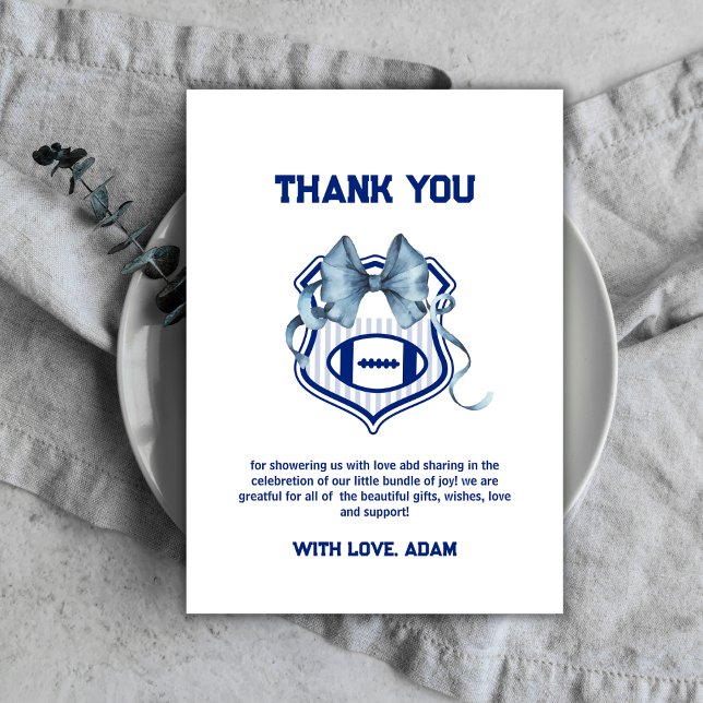 Blue Bow Crest Rookie Football Sport Baby Shower Thank You Card (Blue Bow Crest Rookie Football Sport Baby Shower Thank You Card)