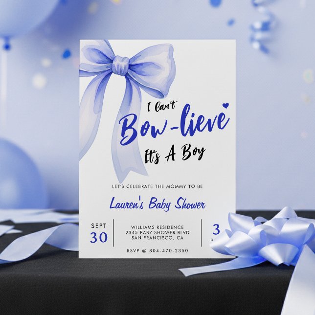Blue Bow Cute It's a Boy Baby Shower Invitation (Creator Uploaded)