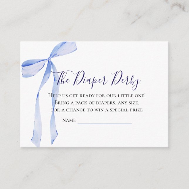 Blue Bow Diaper Derby Raffle Card Baby Shower  (Front)