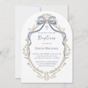 blue bow elegant beige frame Baptism Invitation