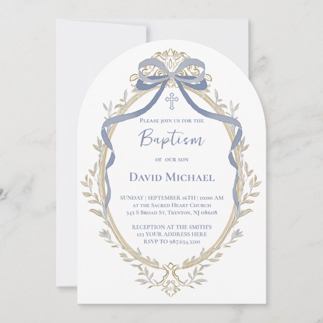 blue bow elegant beige frame Baptism Invitation (Front)
