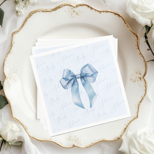Blue bow elegant calligraphy baby boy shower napkin (Creator Uploaded)