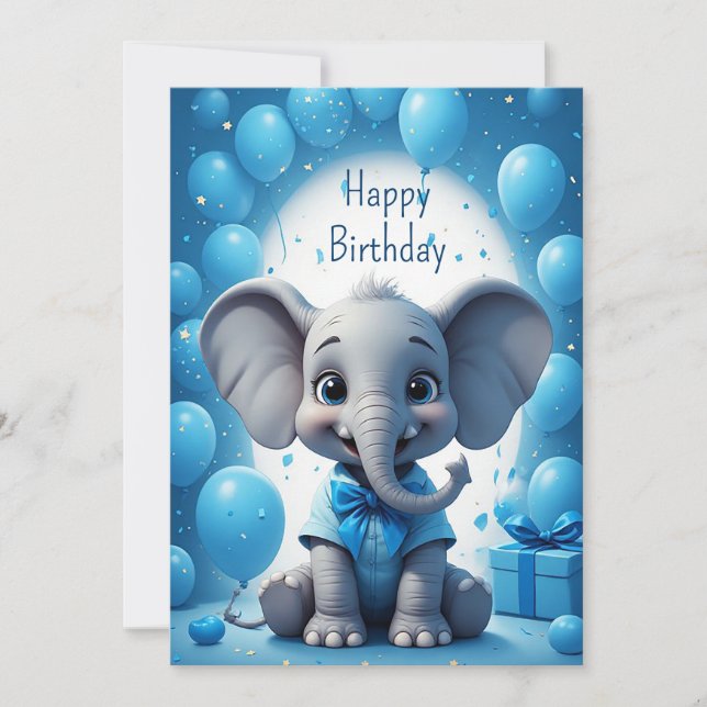 Blue Bow Elephant Birthday Wishes 🐘 Invitation (Front)