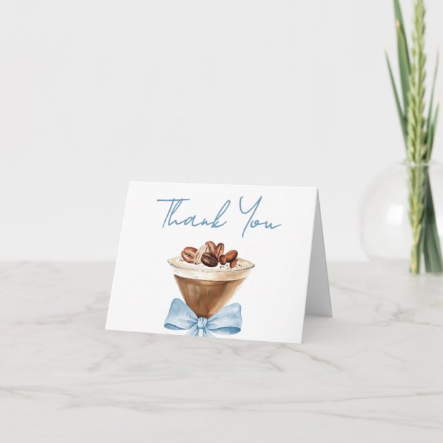 Blue Bow Espresso Martini Baby Shower Thank You Card (Front)