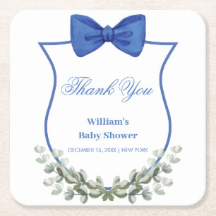 Blue Bow Eucalyptus Crest Baby Shower Thank You Square Paper Coaster