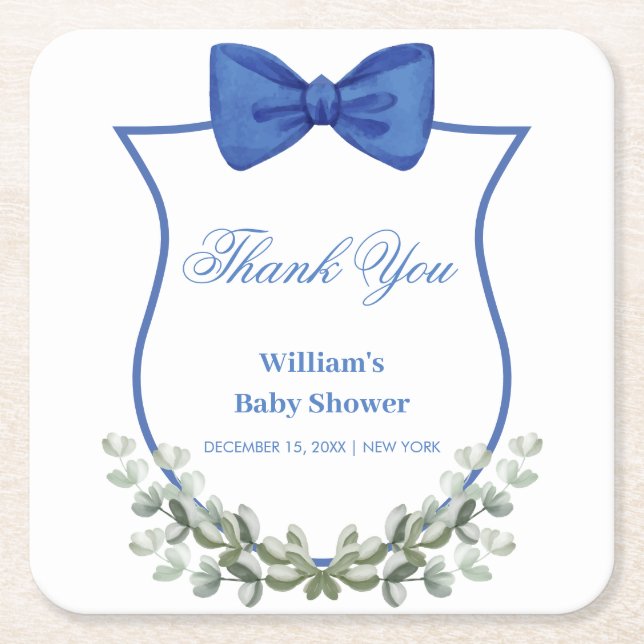Blue Bow Eucalyptus Crest Baby Shower Thank You Square Paper Coaster (Front)