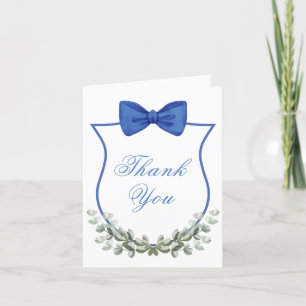 Blue Bow Eucalyptus Crest Boy Baby Shower Thank You Card