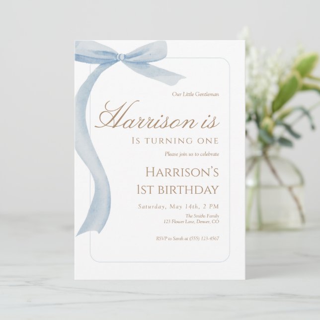 Blue Bow First Birthday Invitation Watercolor (Standing Front)