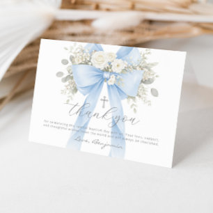 Blue Bow Floral Baby Boy Baptism Thank You Card