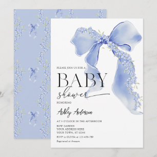 Blue Bow Floral Baby Boy Shower Invitation