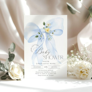 Blue Bow Floral Baby Boy Shower Invitation