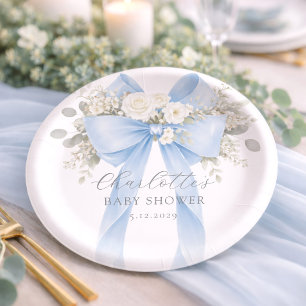 Blue Bow Floral Baby Boy Shower Paper Plate