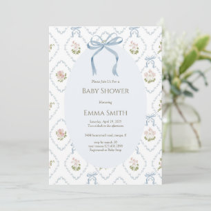 Blue Bow Floral Baby Shower Invitation