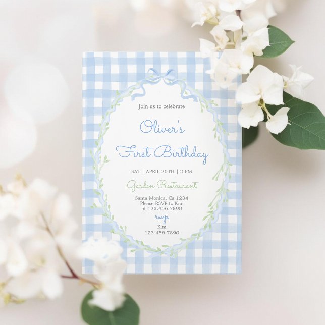 Blue Bow Floral Birthday Boy Blue Gingham Invitation (Creator Uploaded)