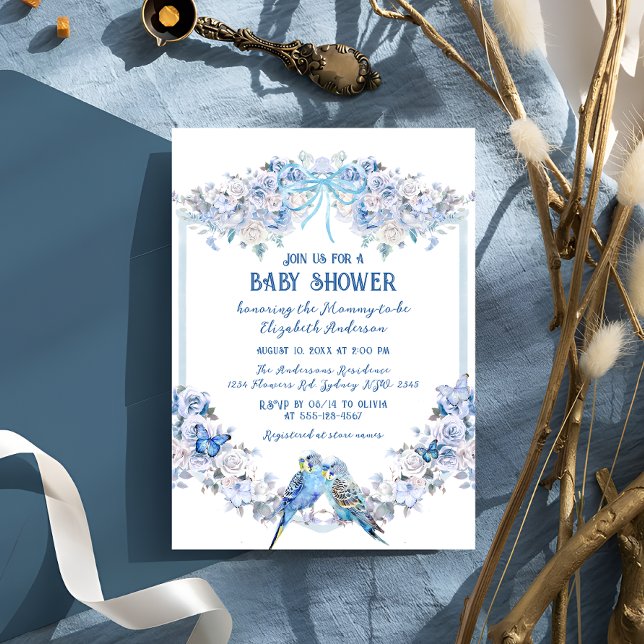 Blue Bow Floral Boy Baby Baby Shower Invitation (Creator Uploaded)
