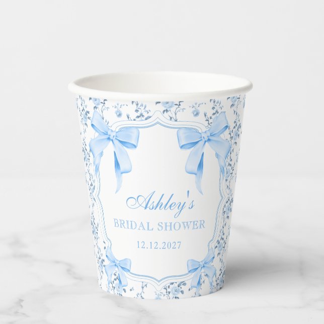 Blue Bow Floral Bridal Shower Paper Cups (Front)