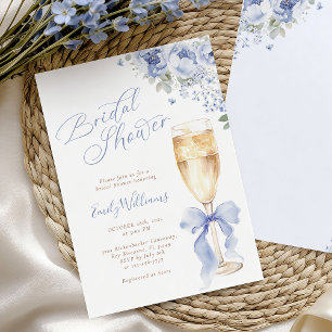 Blue Bow Floral Champagne Bridal Shower Invitation
