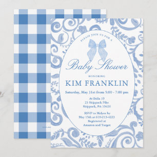 Blue Bow Floral Coquette Gingham Boy Baby Shower Invitation
