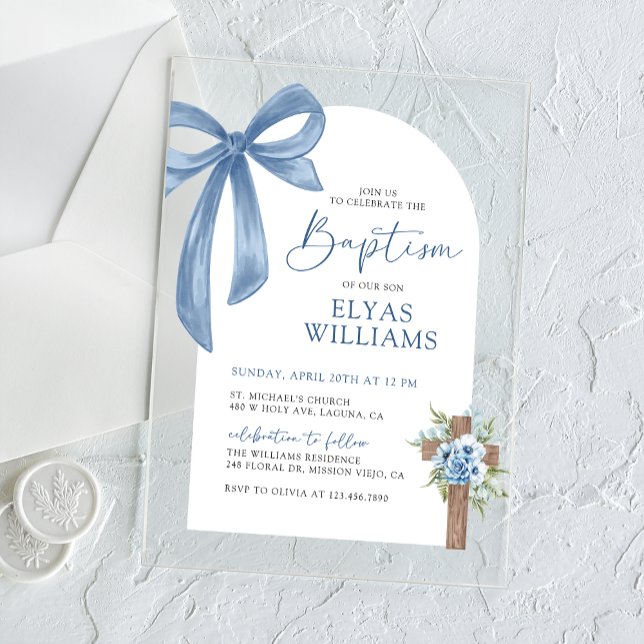 Blue Bow Floral Cross Boy Baptism & Christening Acrylic Invitations (Creator Uploaded)