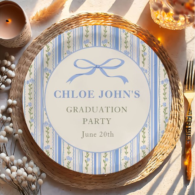 Blue Bow Floral Graduation Paper Plate (Creator Uploaded)