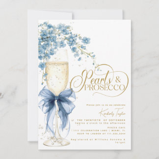 Blue Bow Floral Pearls & Prosecco Bridal Shower Invitation