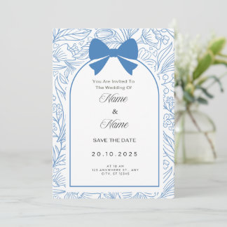 Blue bow floral wedding invitation 