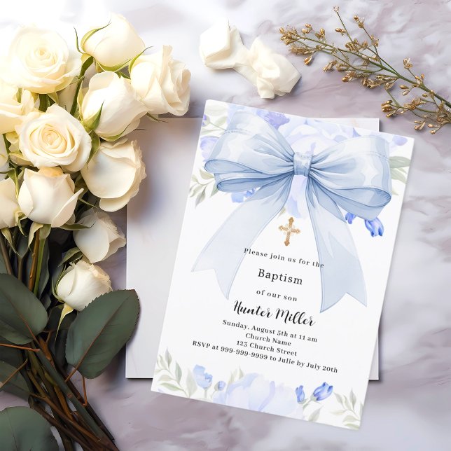 Blue bow florals boy Baptism Invitation (Creator Uploaded)